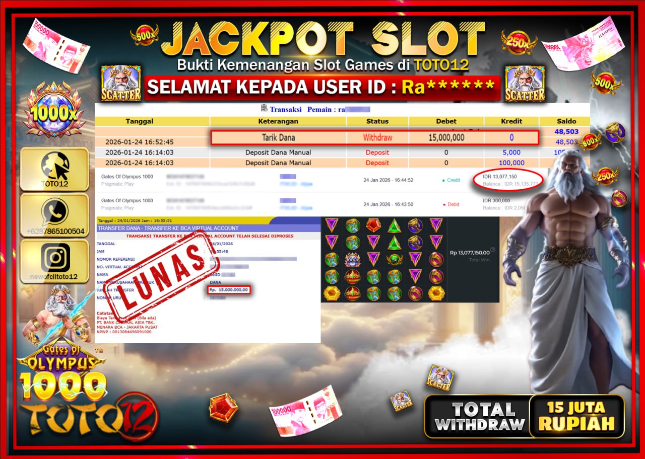 HANYA DI TOTO12 JP PASTI DI BAYAR LUNAS DAN CEPAT!!!!!! JACKPOT SLOT GAME (GATES OF OLYMPUS 1000) Rp.15.000.000 !!!!
