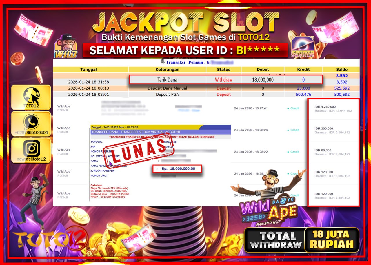 HANYA DI TOTO12 JP PASTI DI BAYAR LUNAS DAN CEPAT!!!!!! JACKPOT SLOT GAME (WILD APE) Rp.18.000.000 !!!!