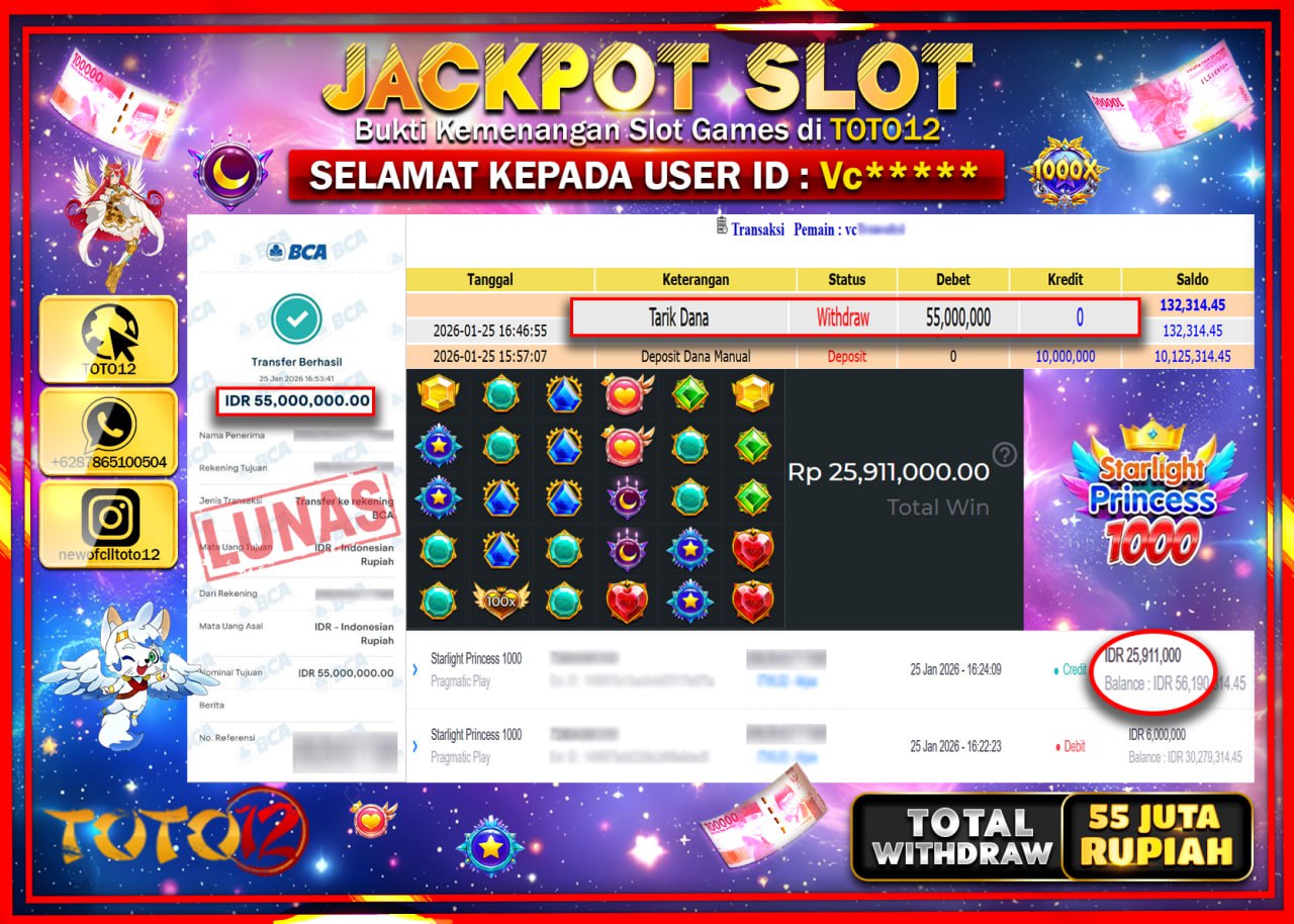 HANYA DI TOTO12 JP PASTI DI BAYAR LUNAS DAN CEPAT!!!!!! JACKPOT SLOT GAME (STARLIGHT PRINCESS 1000) Rp.55.000.000 !!!!