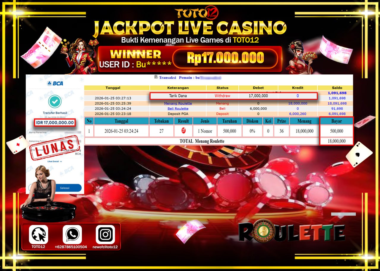 HANYA DI TOTO12 JP PASTI DI BAYAR LUNAS DAN CEPAT!!!!!! JACKPOT LIVE CASINO (ROULETTE) Rp.17.000.000 !!!!