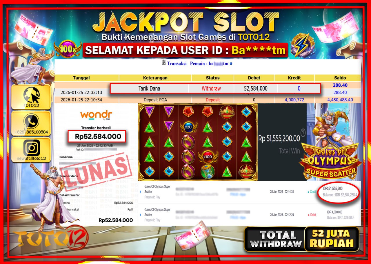 HANYA DI TOTO12 JP PASTI DI BAYAR LUNAS DAN CEPAT!!!!!! JACKPOT SLOT GAME (GATES OF OLYMPUS SUPER SCATTER) Rp.52.584.000 !!!!