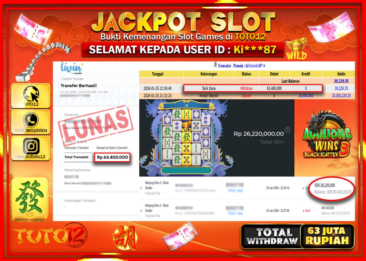HANYA DI TOTO12 JP PASTI DI BAYAR LUNAS DAN CEPAT!!!!!! JACKPOT SLOT GAME (MAHJONG WINS 3 BLACK SCATTER) Rp.63.400.000 !!!!