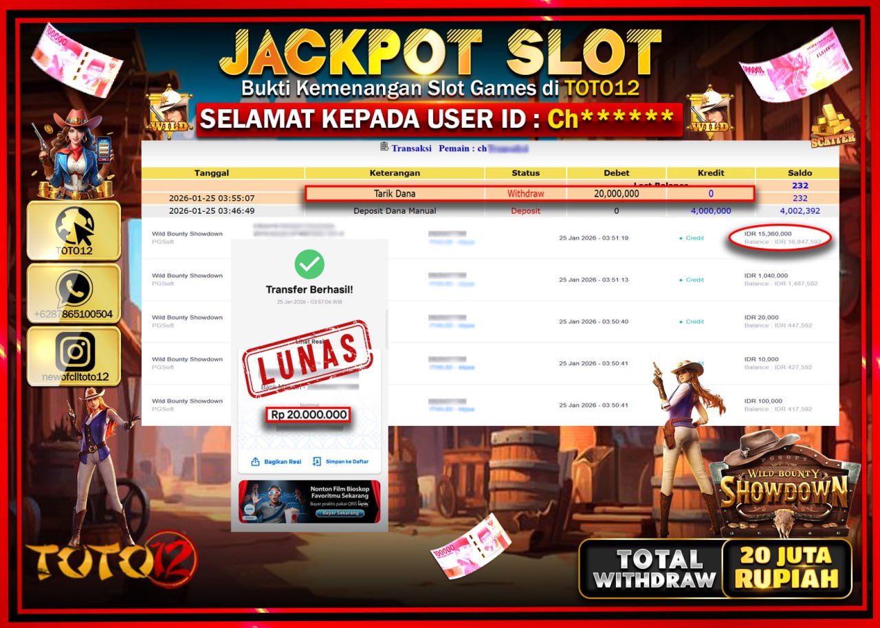 HANYA DI TOTO12 JP PASTI DI BAYAR LUNAS DAN CEPAT!!!!!! JACKPOT SLOT GAME (WILD BOUNTY SHOWDOWN) Rp.20.000.000 !!!!