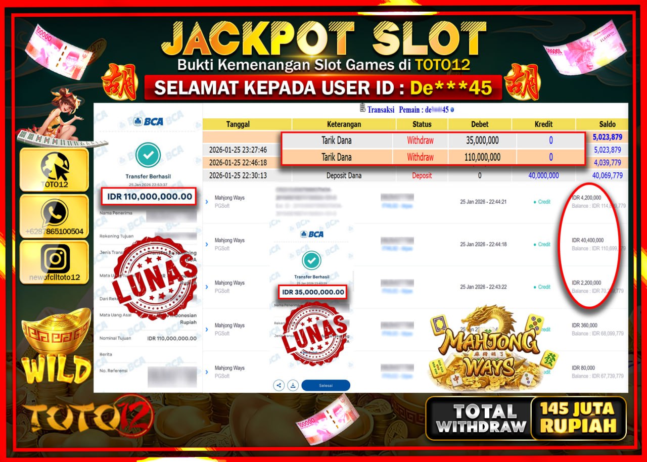 HANYA DI TOTO12 JP PASTI DI BAYAR LUNAS DAN CEPAT!!!!!! JACKPOT SLOT GAME (MAHJONG WAYS) Rp.145.000.000 !!!!