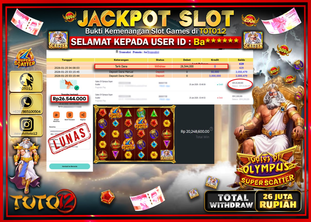 HANYA DI TOTO12 JP PASTI DI BAYAR LUNAS DAN CEPAT!!!!!! JACKPOT SLOT GAME (GATES OF OLYMPUS SUPER SCATTER) Rp.26.544.000 !!!!