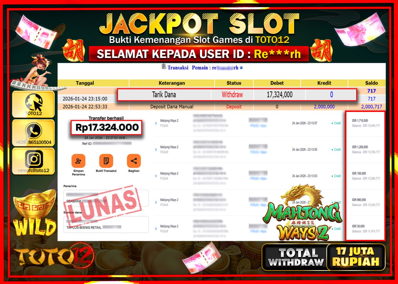 HANYA DI TOTO12 JP PASTI DI BAYAR LUNAS DAN CEPAT!!!!!! JACKPOT SLOT GAME (MAHJONG WAYS 2) Rp.17.324.000 !!!!