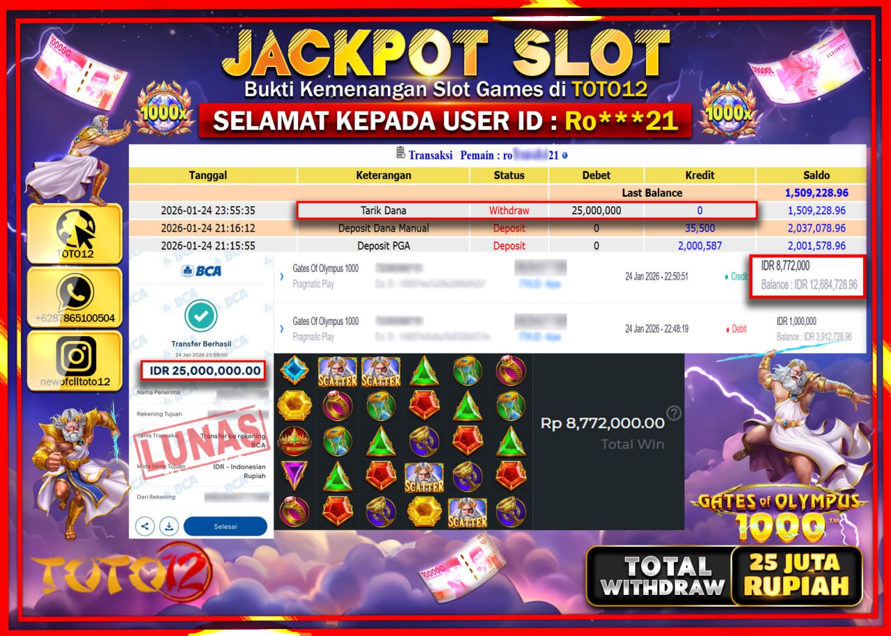 HANYA DI TOTO12 JP PASTI DI BAYAR LUNAS DAN CEPAT!!!!!! JACKPOT SLOT GAME (GATES OF OLYMPUS 1000) Rp.25.000.000 !!!!