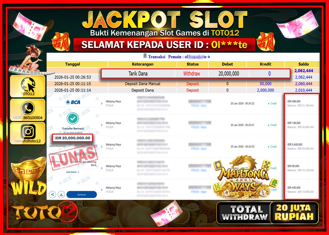 HANYA DI TOTO12 JP PASTI DI BAYAR LUNAS DAN CEPAT!!!!!! JACKPOT SLOT GAME (MAHJONG WAYS) Rp.20.000.000 !!!!