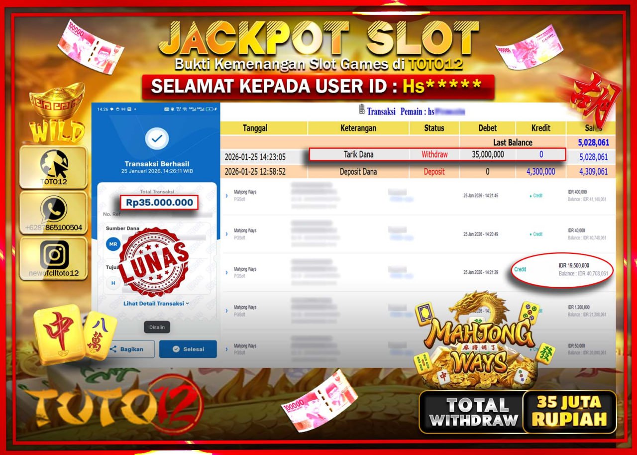 HANYA DI TOTO12 JP PASTI DI BAYAR LUNAS DAN CEPAT!!!!!! JACKPOT SLOT GAME (MAHJONG WAYS) Rp.35.000.000 !!!!