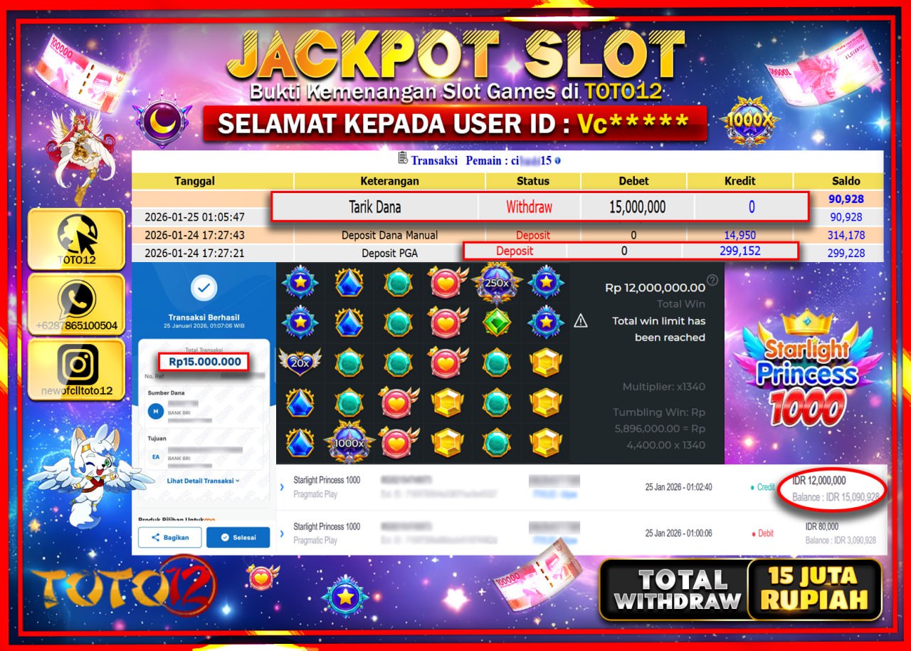 HANYA DI TOTO12 JP PASTI DI BAYAR LUNAS DAN CEPAT!!!!!! JACKPOT SLOT GAME (STARLIGHT PRINCESS 1000) Rp.15.000.000 !!!!