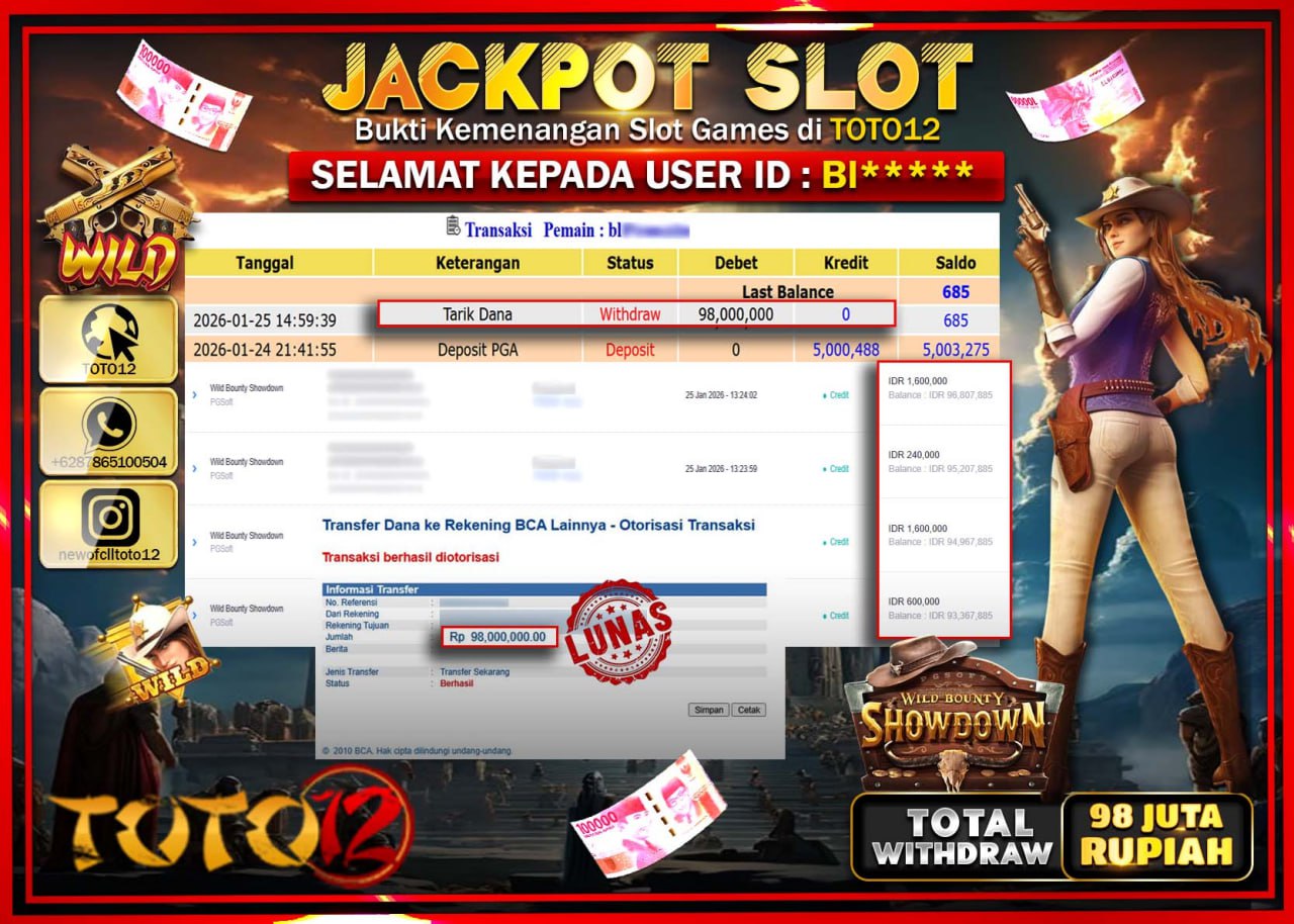 HANYA DI TOTO12 JP PASTI DI BAYAR LUNAS DAN CEPAT!!!!!! JACKPOT SLOT GAME (WILD BOUNTY SHOWDOWN) Rp.98.000.000 !!!!