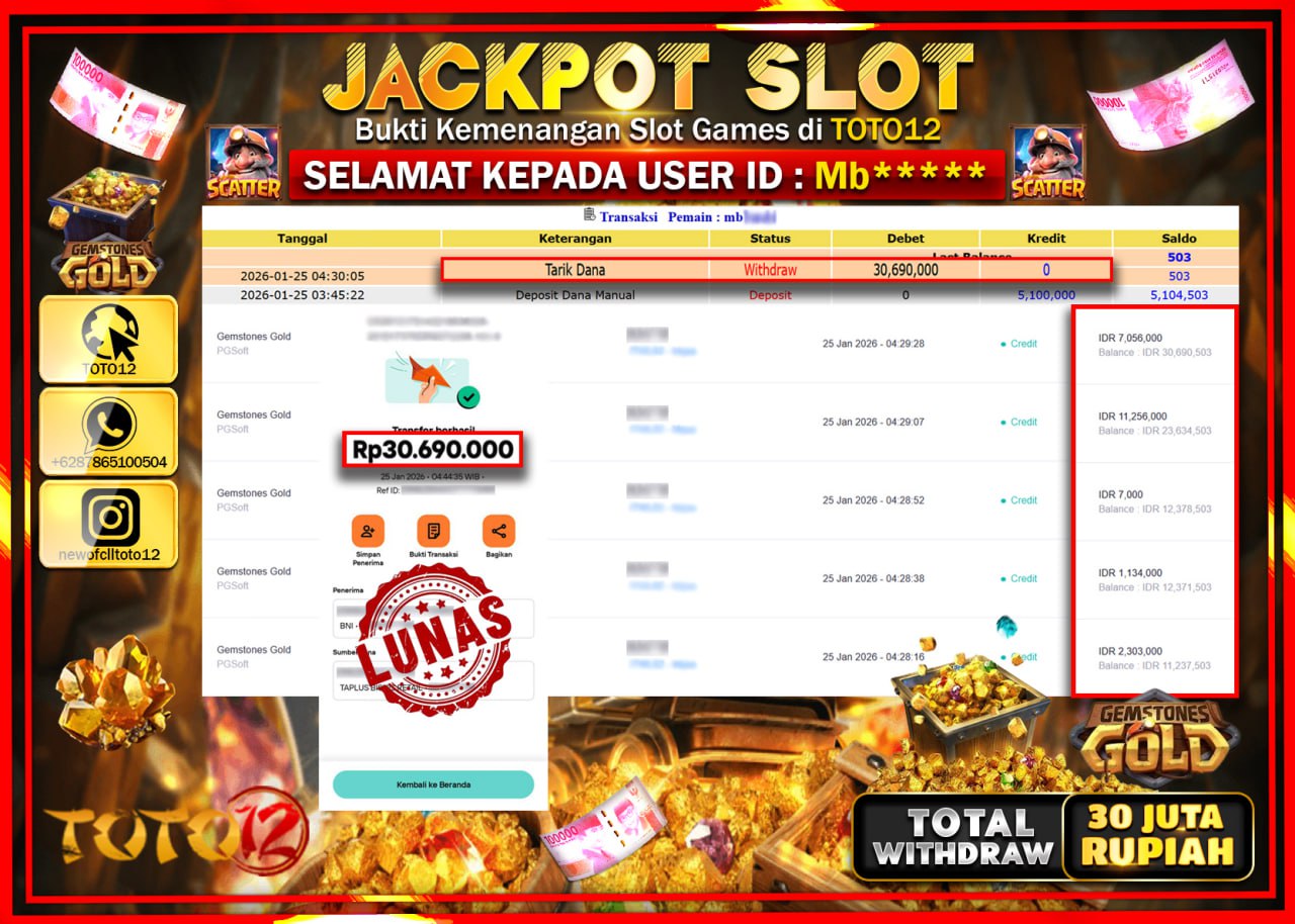 HANYA DI TOTO12 JP PASTI DI BAYAR LUNAS DAN CEPAT!!!!!! JACKPOT SLOT GAME (GEMSTONES GOLD) Rp.30.690.000 !!!!