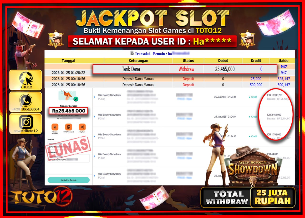 HANYA DI TOTO12 JP PASTI DI BAYAR LUNAS DAN CEPAT!!!!!! JACKPOT SLOT GAME (WILD BOUNTY SHOWDOWN) Rp.25.465.000 !!!!