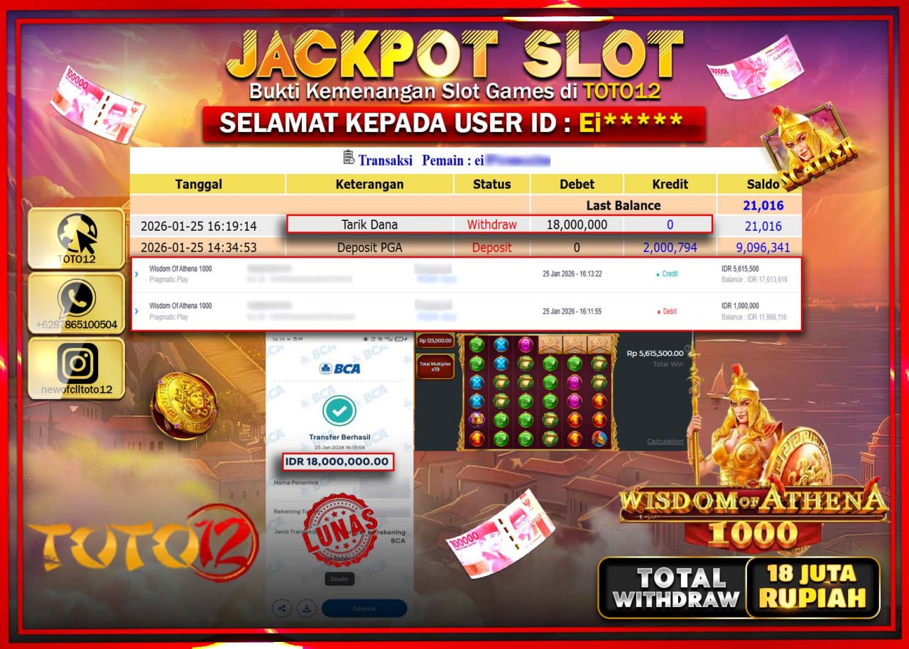 HANYA DI TOTO12 JP PASTI DI BAYAR LUNAS DAN CEPAT!!!!!! JACKPOT SLOT GAME (WISDOM OF ATHENA 1000) Rp.18.000.000 !!!!