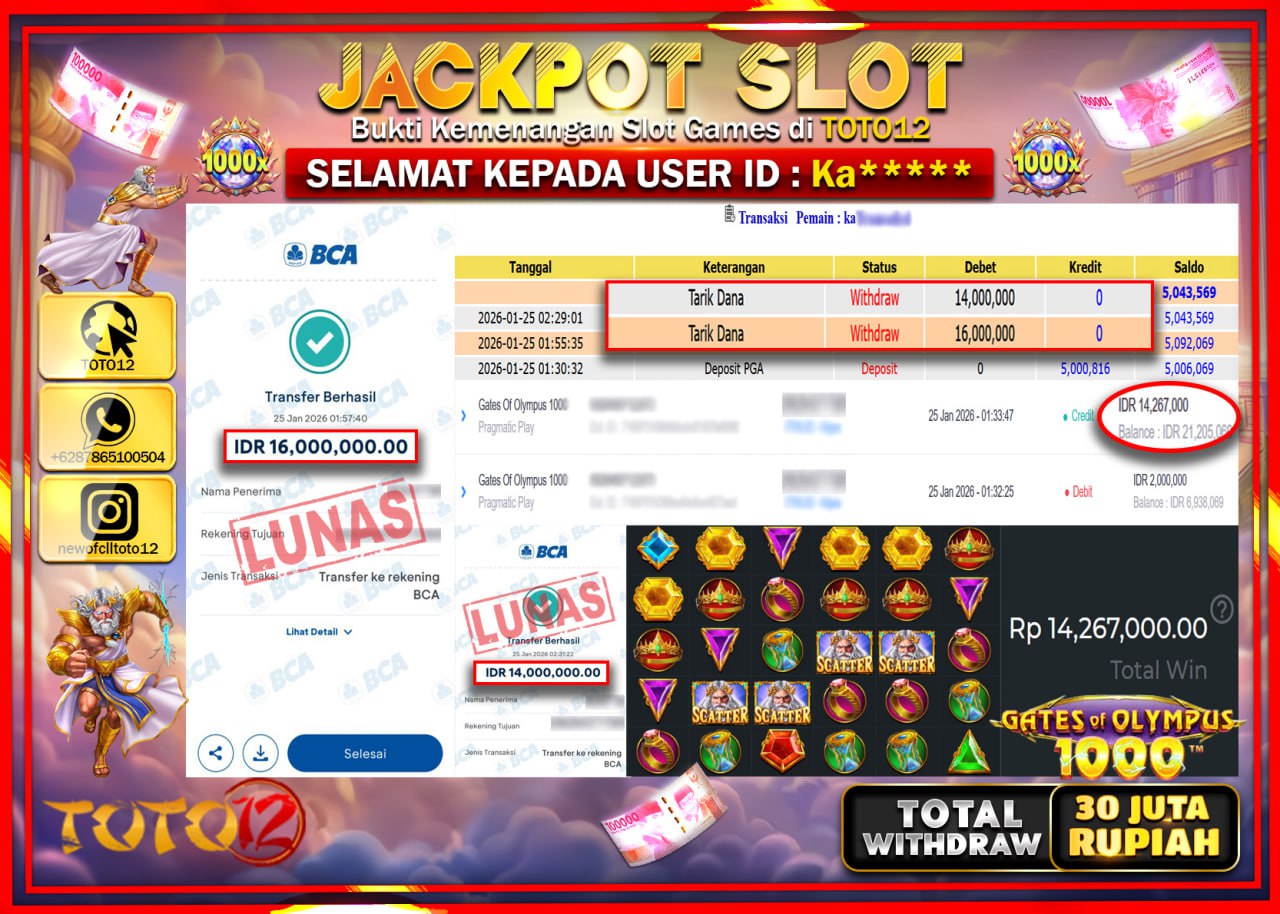 HANYA DI TOTO12 JP PASTI DI BAYAR LUNAS DAN CEPAT!!!!!! JACKPOT SLOT GAME (GATES OF OLYMPUS 1000) Rp.30.000.000 !!!!