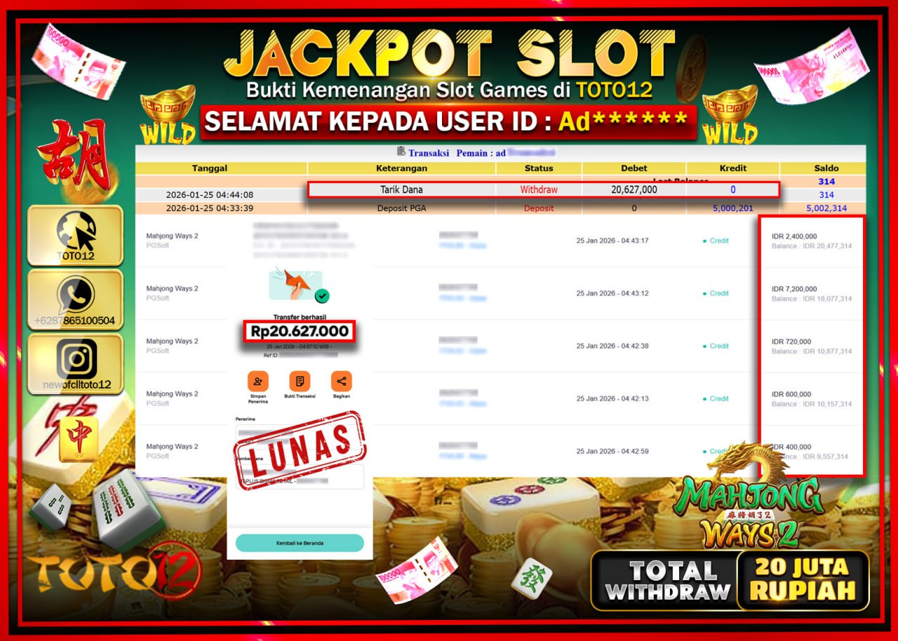 HANYA DI TOTO12 JP PASTI DI BAYAR LUNAS DAN CEPAT!!!!!! JACKPOT SLOT GAME (MAHJONG WAYS 2) Rp.20.627.000 !!!!