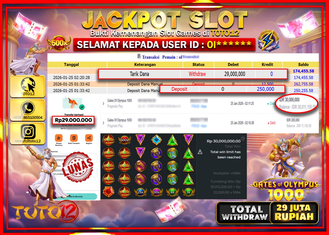 HANYA DI TOTO12 JP PASTI DI BAYAR LUNAS DAN CEPAT!!!!!! JACKPOT SLOT GAME (GATES OF OLYMPUS 1000) Rp.29.000.000 !!!!