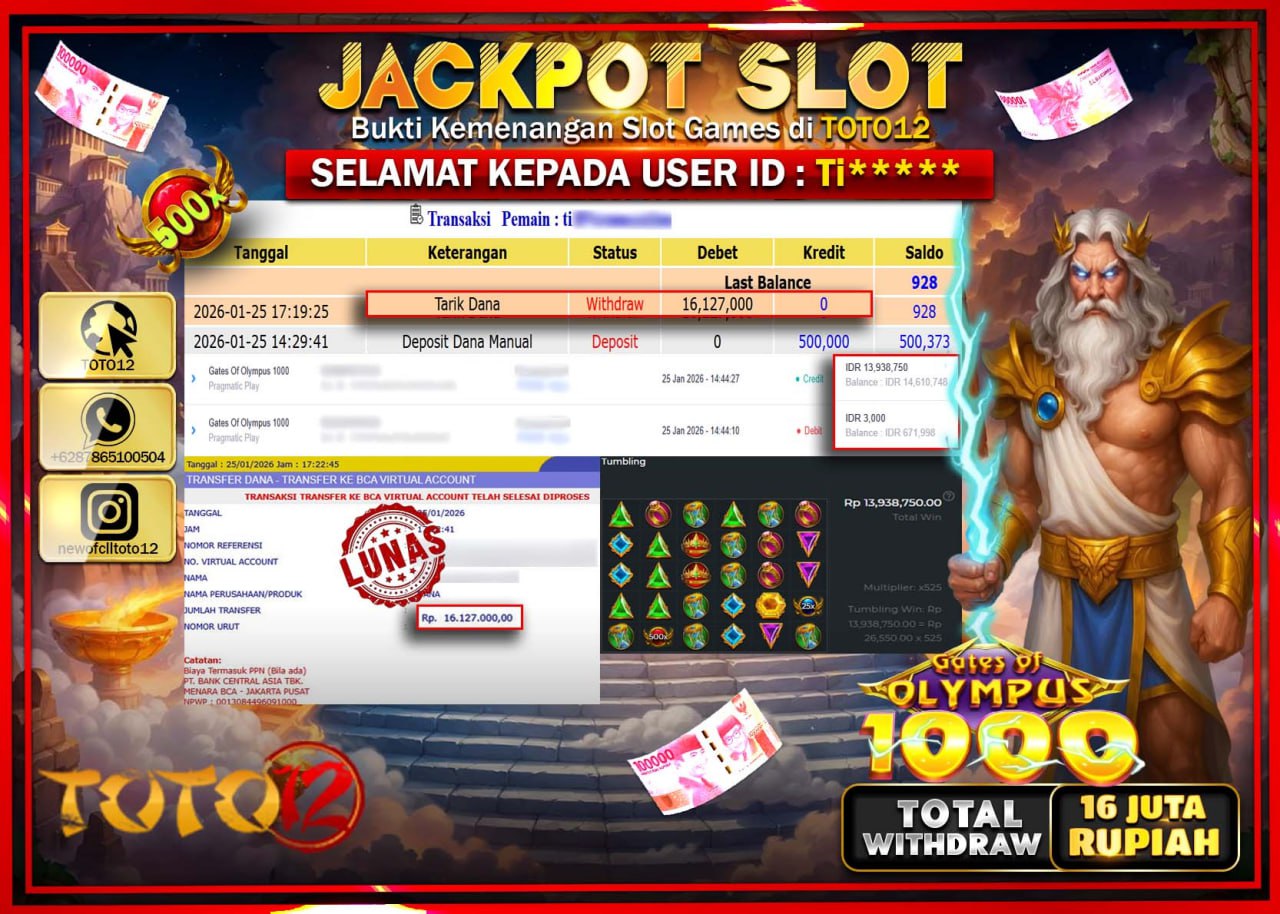 HANYA DI TOTO12 JP PASTI DI BAYAR LUNAS DAN CEPAT!!!!!! JACKPOT SLOT GAME (GATES OF OLYMPUS 1000) Rp.16.127.000 !!!!
