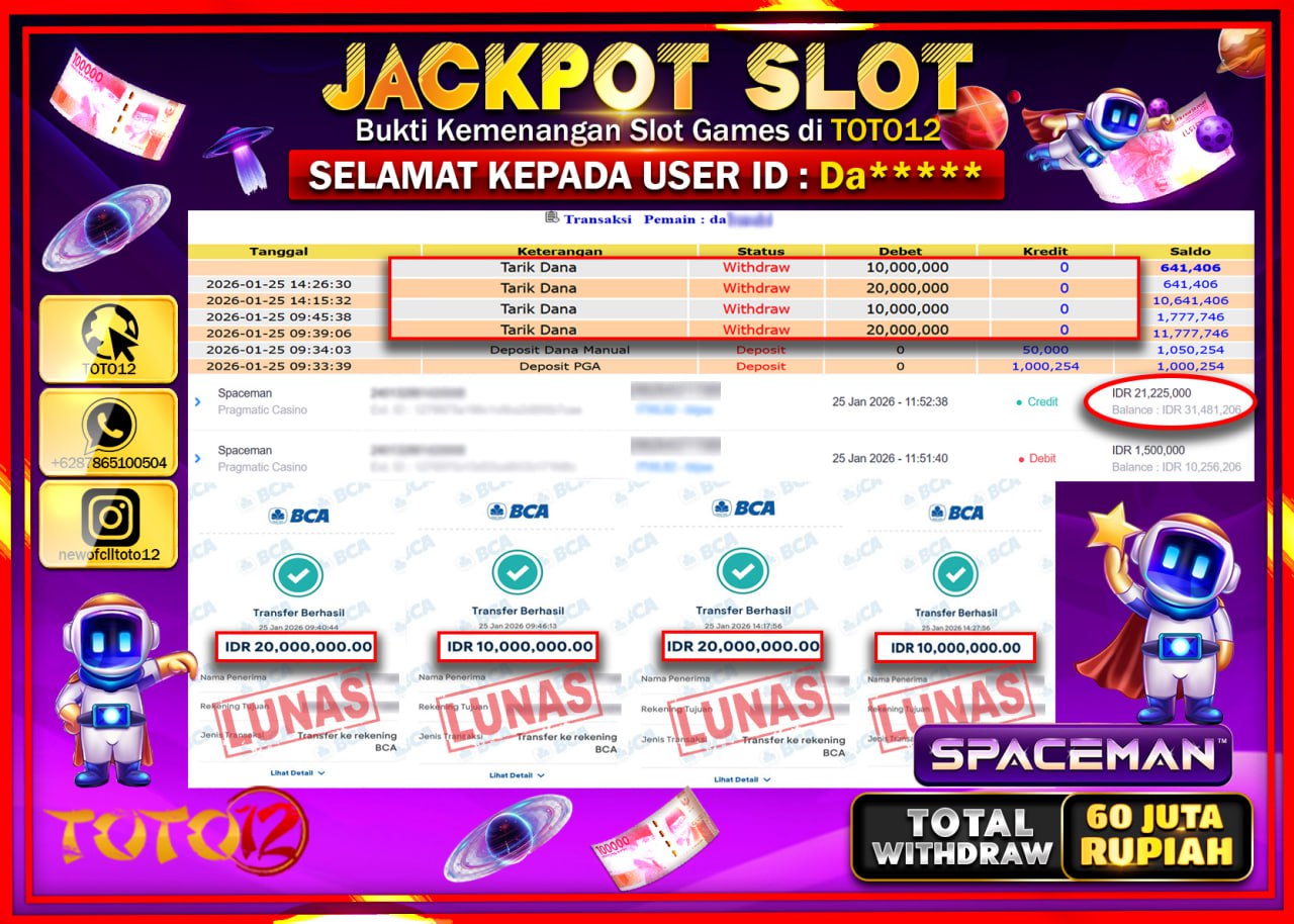 HANYA DI TOTO12 JP PASTI DI BAYAR LUNAS DAN CEPAT!!!!!! JACKPOT SLOT GAME (SPACEMAN) Rp.60.000.000 !!!!