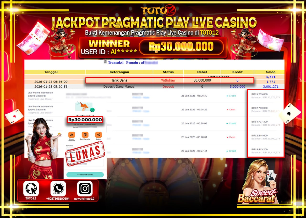 HANYA DI TOTO12 JP PASTI DI BAYAR LUNAS DAN CEPAT!!!!!! JACKPOT PRAGMATIC PLAY LIVE CASINO (SPEED BACCARAT) Rp.30.000.000 !!!!