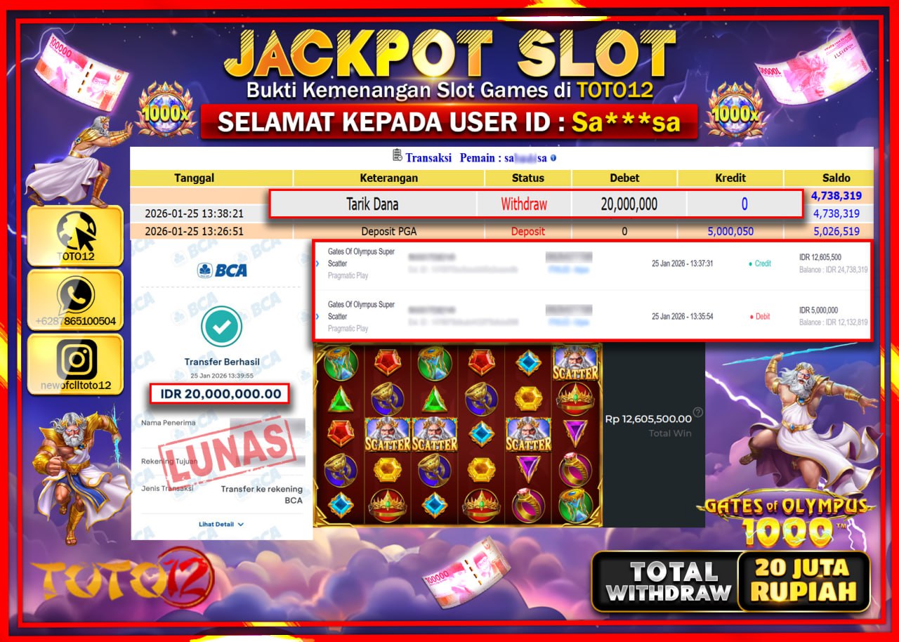 HANYA DI TOTO12 JP PASTI DI BAYAR LUNAS DAN CEPAT!!!!!! JACKPOT SLOT GAME (GATES OF OLYMPUS 1000) Rp.20.000.000 !!!!