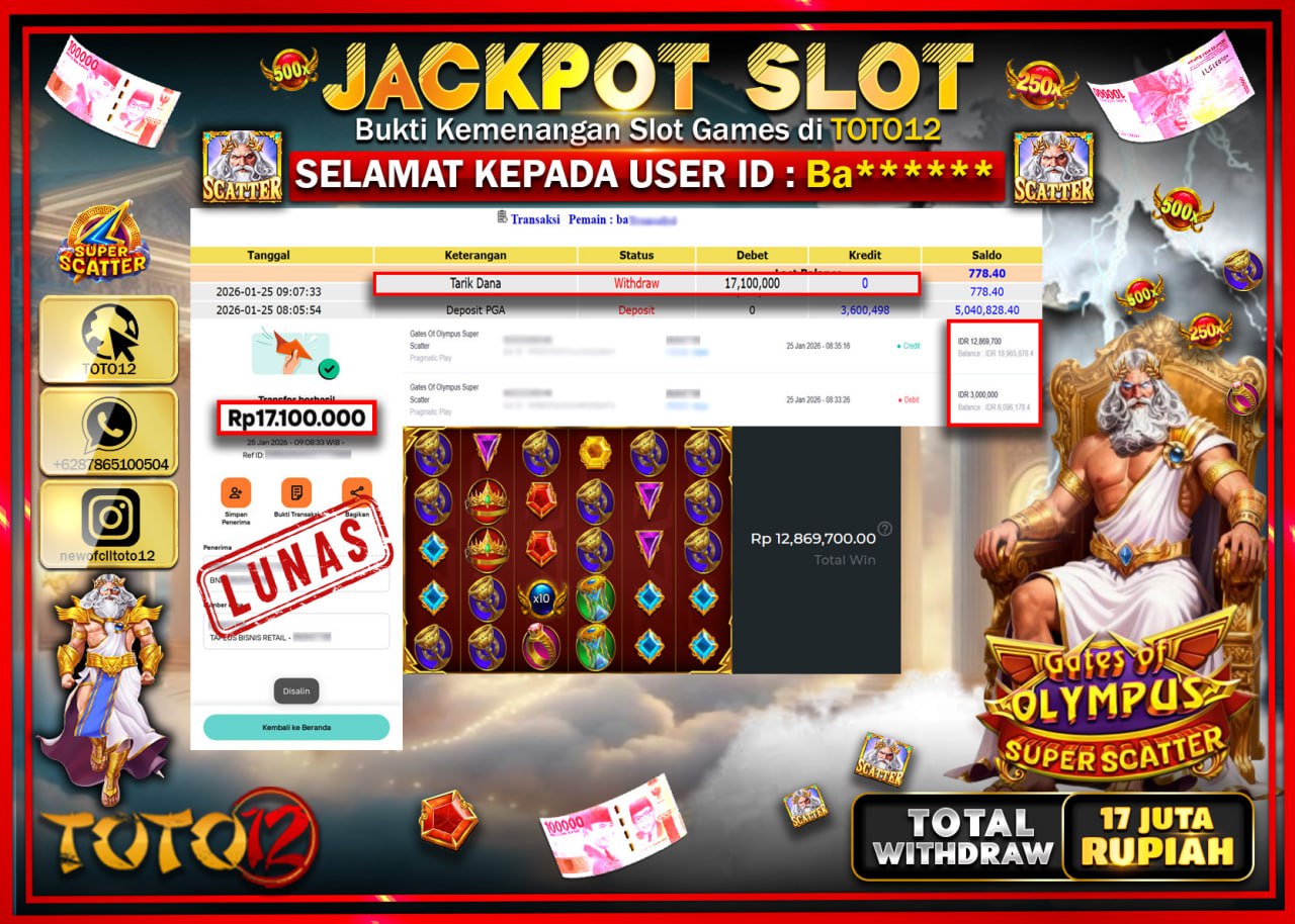 HANYA DI TOTO12 JP PASTI DI BAYAR LUNAS DAN CEPAT!!!!!! JACKPOT SLOT GAME (GATES OF OLYMPUS SUPER SCATTER) Rp.17.100.000 !!!!
