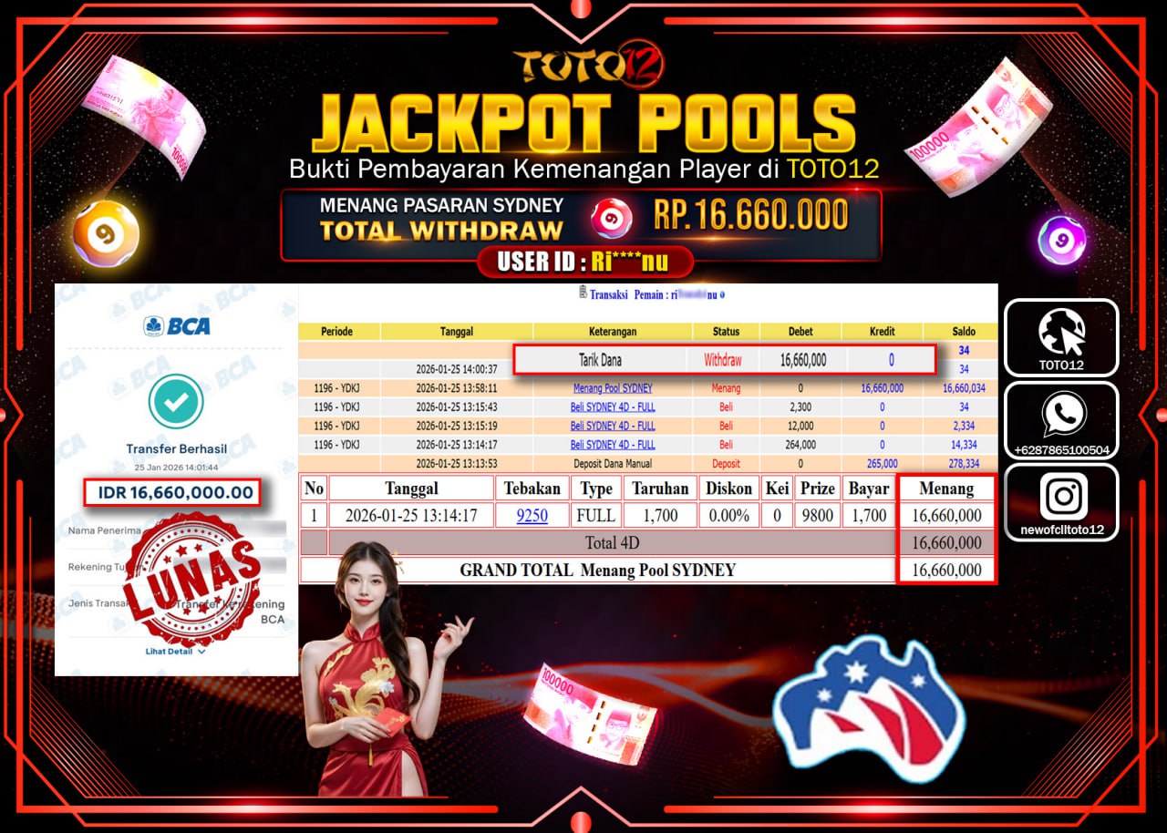 HANYA DI TOTO12 JP PASTI DI BAYAR LUNAS DAN CEPAT!!!!!! JACKPOT POOLS PASARAN (SYDNEY) Rp.16.660.000 !!!!