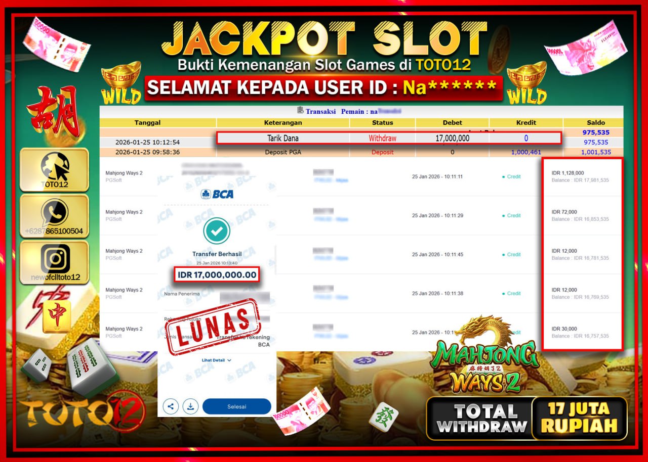 HANYA DI TOTO12 JP PASTI DI BAYAR LUNAS DAN CEPAT!!!!!! JACKPOT SLOT GAME (MAHJONG WAYS 2) Rp.17.000.000 !!!!