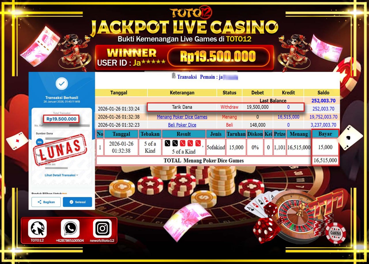 HANYA DI TOTO12 JP PASTI DI BAYAR LUNAS DAN CEPAT!!!!!! JACKPOT LIVE CASINO (POKER DICE GAMES) Rp.19.500.000 !!!!