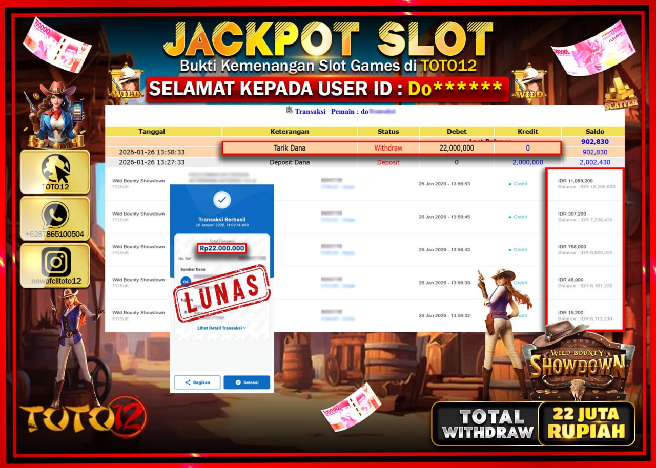 HANYA DI TOTO12 JP PASTI DI BAYAR LUNAS DAN CEPAT!!!!!! JACKPOT SLOT GAME (WILD BOUNTY SHOWDOWN) Rp.22.000.000 !!!!