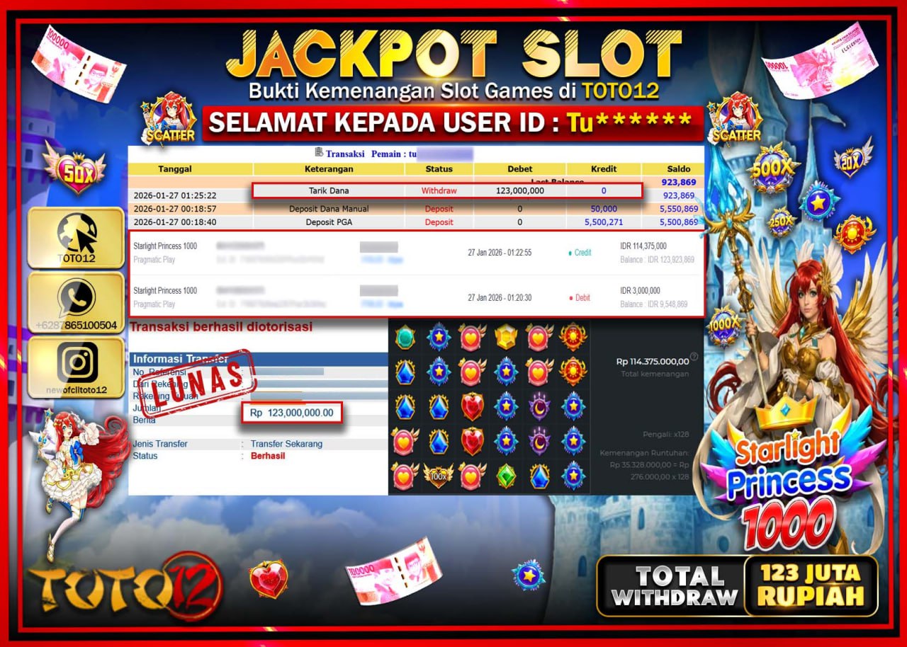 HANYA DI TOTO12 JP PASTI DI BAYAR LUNAS DAN CEPAT!!!!!! JACKPOT SLOT GAME (STARLIGHT PRINCESS 1000) Rp.123.000.000 !!!!