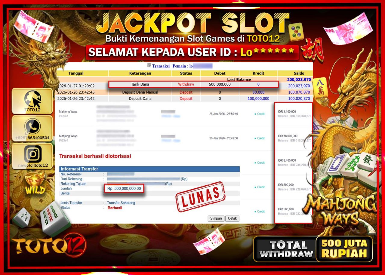 HANYA DI TOTO12 JP PASTI DI BAYAR LUNAS DAN CEPAT!!!!!! JACKPOT SLOT GAME (MAHJONG WAYS) Rp.500.000.000 !!!!