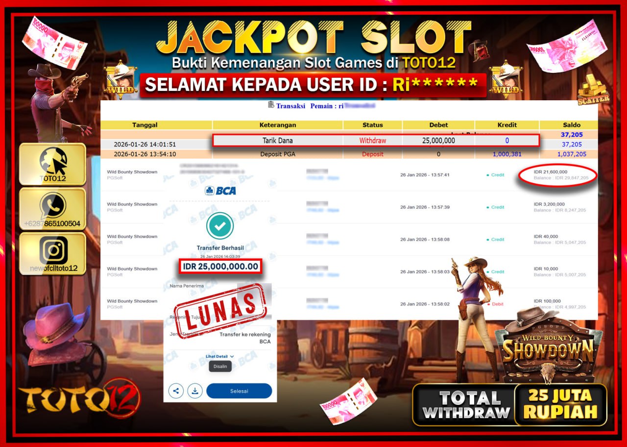 HANYA DI TOTO12 JP PASTI DI BAYAR LUNAS DAN CEPAT!!!!!! JACKPOT SLOT GAME (WILD BOUNTY SHOWDOWN) Rp.25.000.000 !!!!