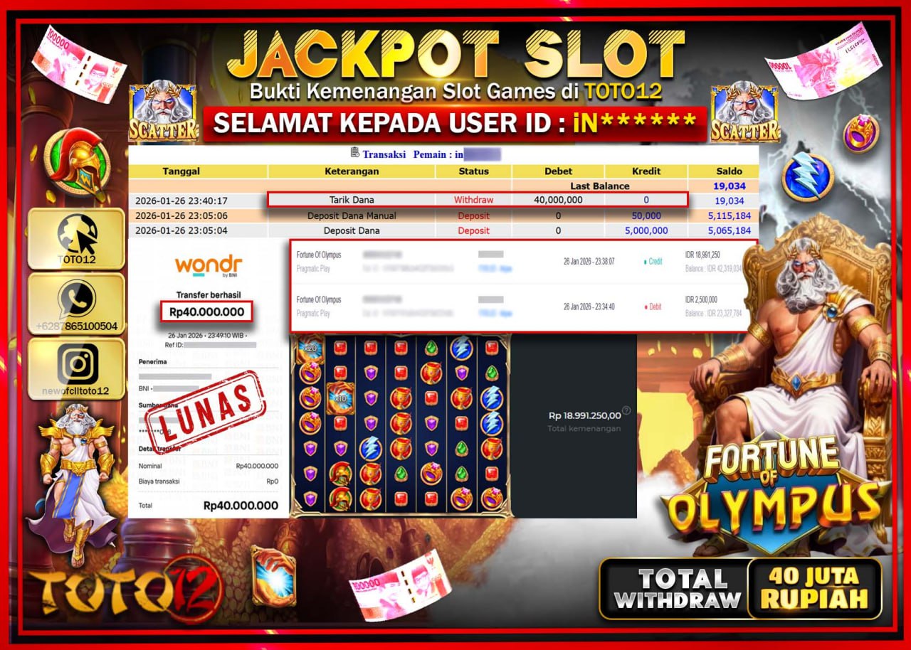 HANYA DI TOTO12 JP PASTI DI BAYAR LUNAS DAN CEPAT!!!!!! JACKPOT SLOT GAME (FORTUNE OF OLYMPUS) Rp.40.000.000 !!!!