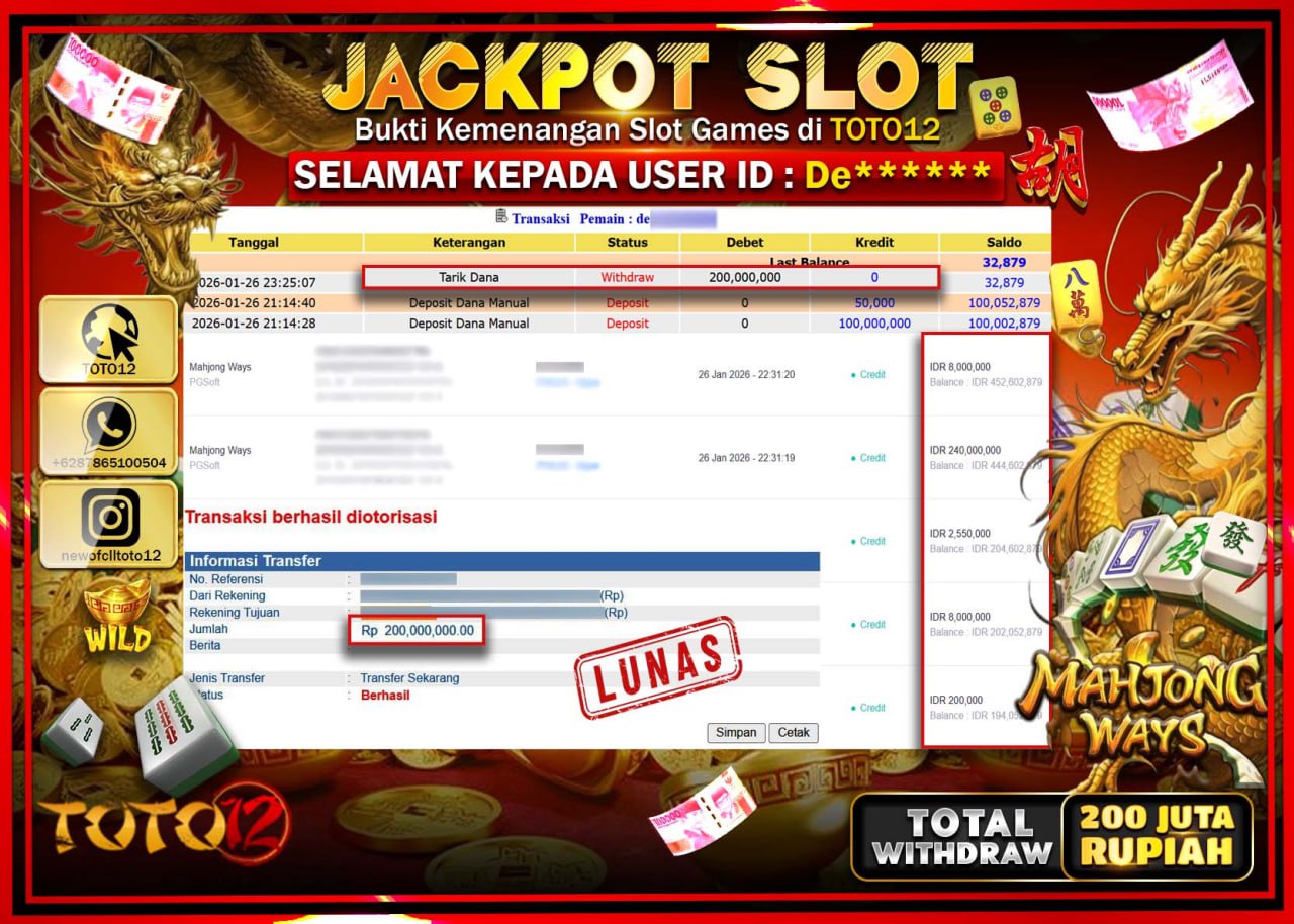 HANYA DI TOTO12 JP PASTI DI BAYAR LUNAS DAN CEPAT!!!!!! JACKPOT SLOT GAME (MAHJONG WAYS) Rp.200.000.000 !!!!