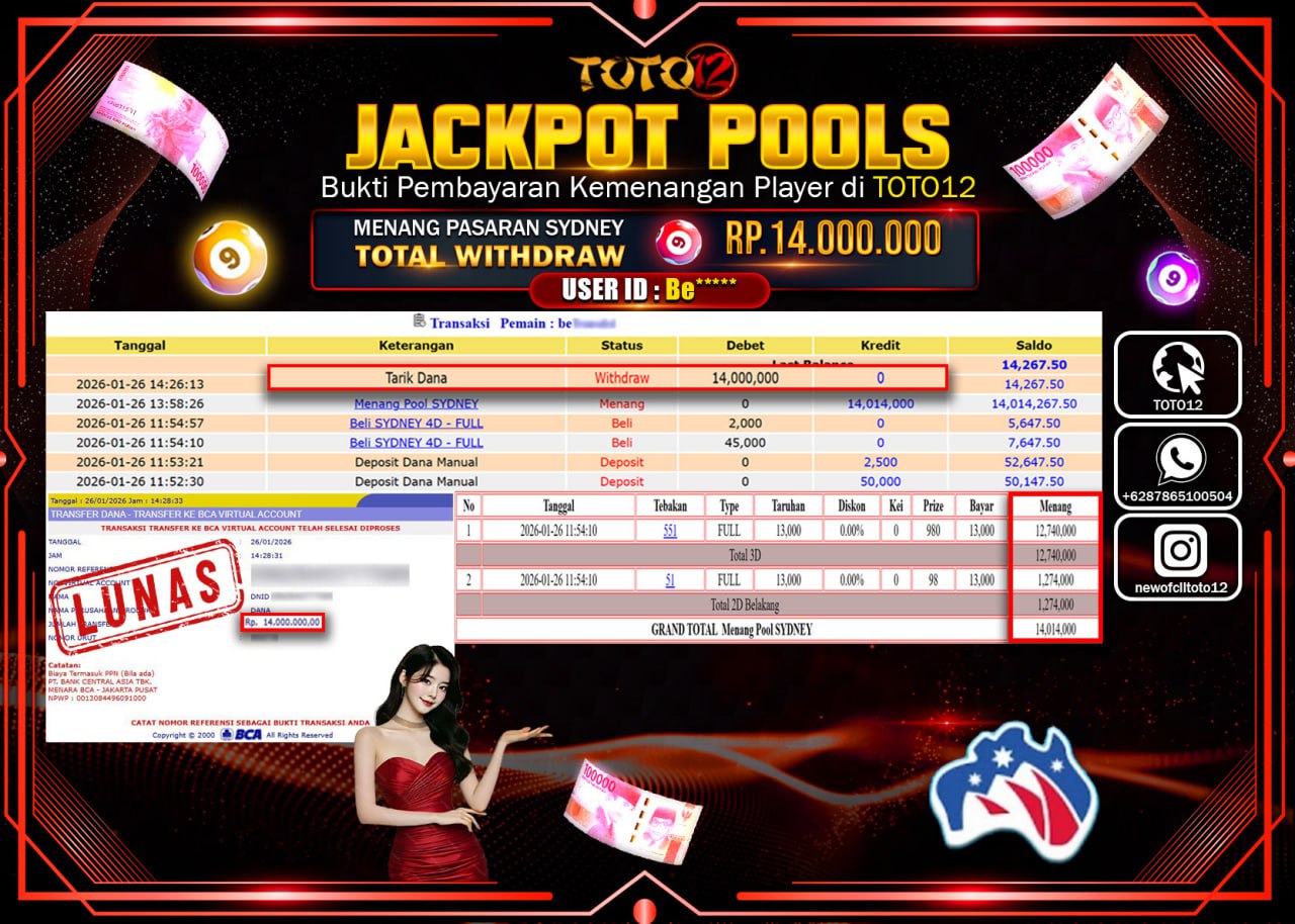HANYA DI TOTO12 JP PASTI DI BAYAR LUNAS DAN CEPAT!!!!!! JACKPOT POOLS PASARAN (SYDNEY) Rp.14.000.000 !!!!