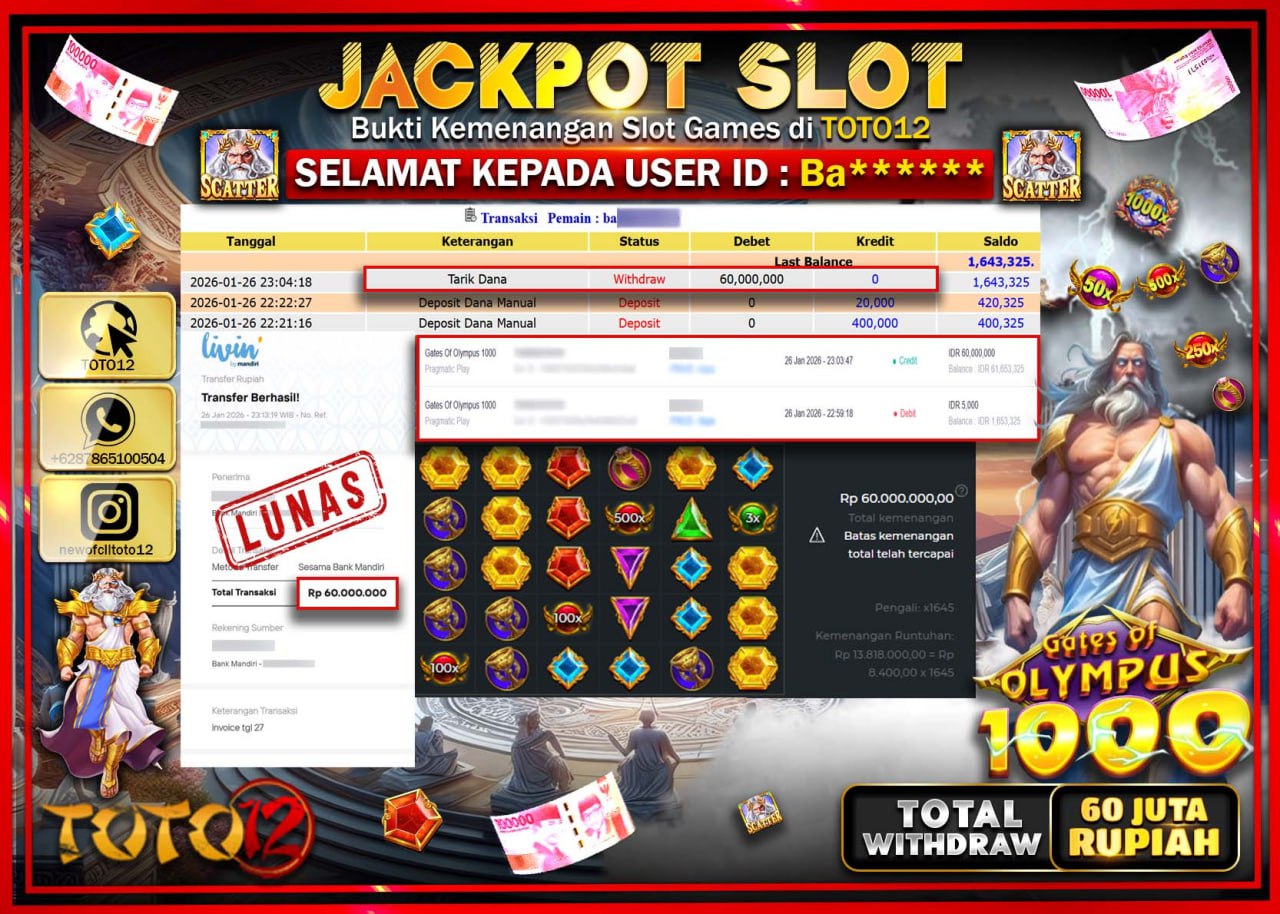 HANYA DI TOTO12 JP PASTI DI BAYAR LUNAS DAN CEPAT!!!!!! JACKPOT SLOT GAME (GATES OF OLYMPUS 1000) Rp.60.000.000 !!!!