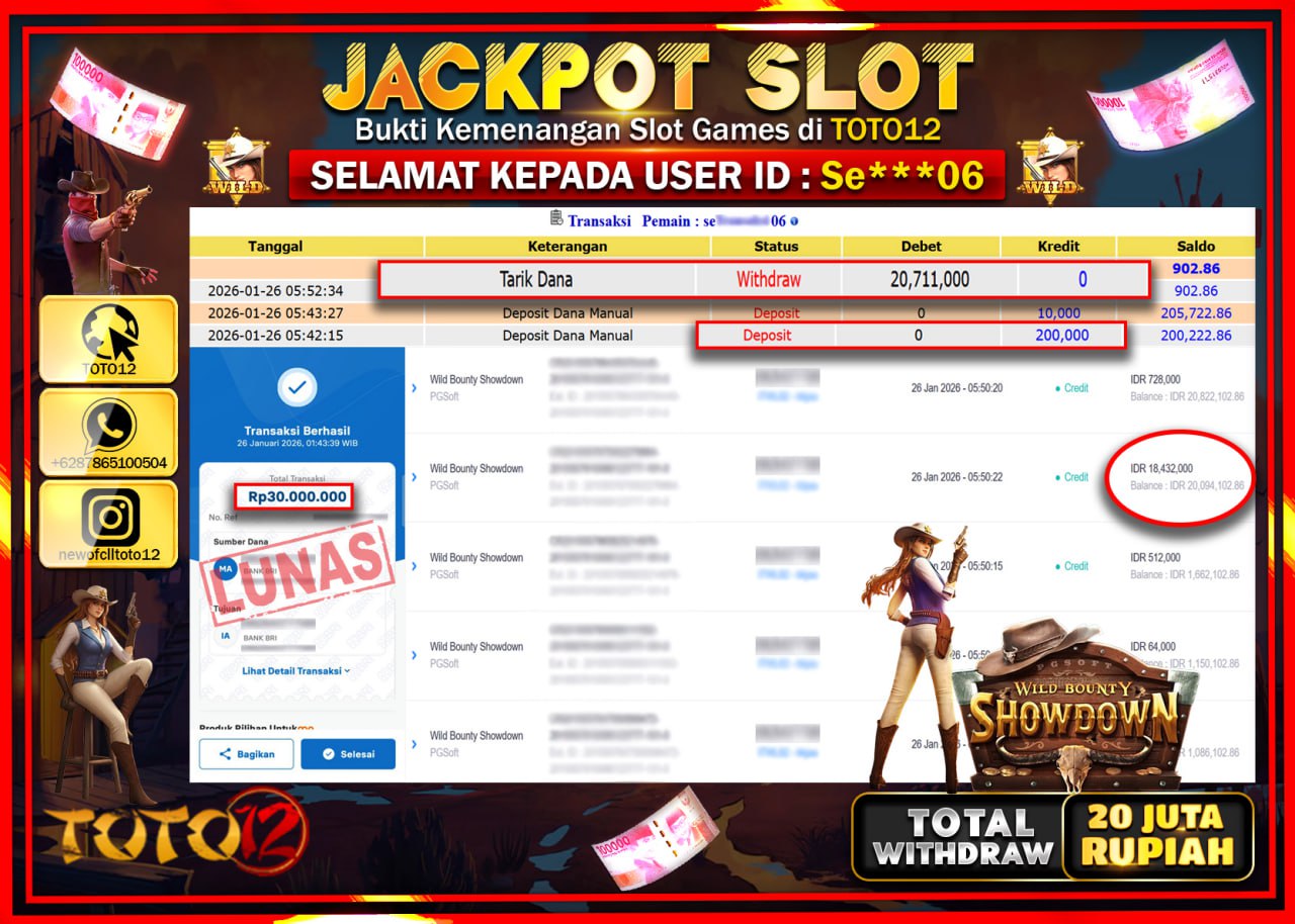 HANYA DI TOTO12 JP PASTI DI BAYAR LUNAS DAN CEPAT!!!!!! JACKPOT SLOT GAME (WILD BOUNTY SHOWDOWN) Rp.20.711.000 !!!!