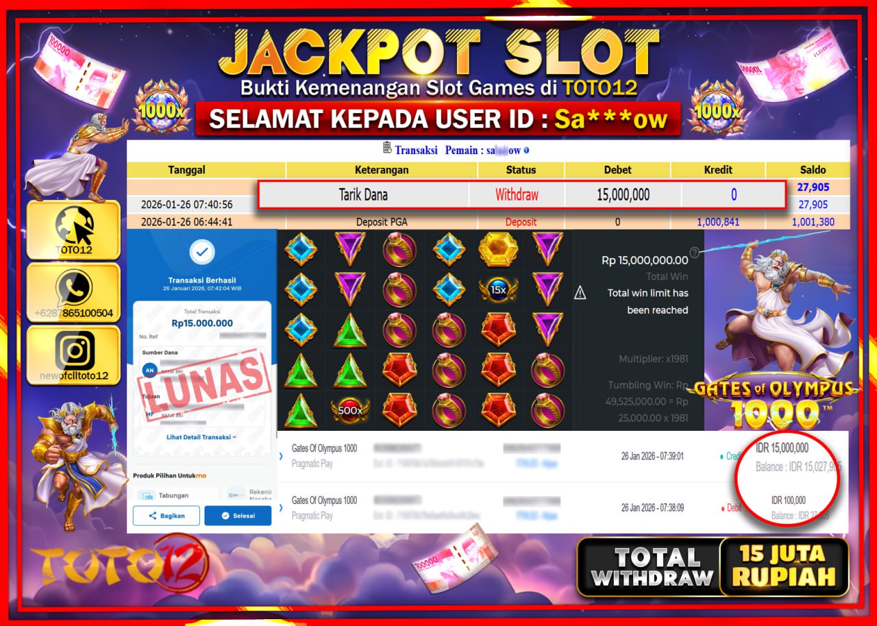HANYA DI TOTO12 JP PASTI DI BAYAR LUNAS DAN CEPAT!!!!!! JACKPOT SLOT GAME (GATES OF OLYMPUS 1000) Rp.15.000.000 !!!!
