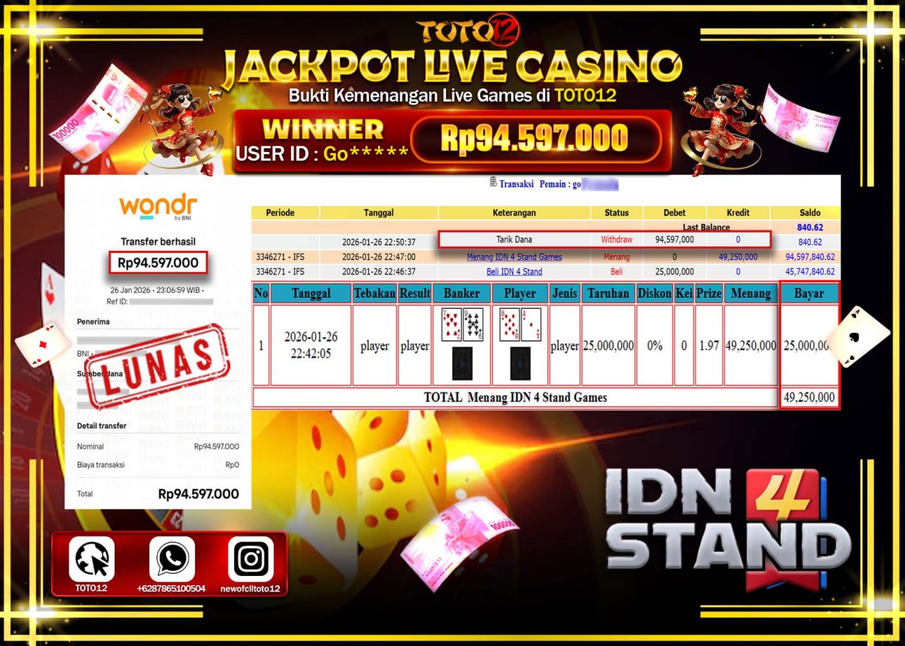 HANYA DI TOTO12 JP PASTI DI BAYAR LUNAS DAN CEPAT!!!!!! JACKPOT LIVE CASINO (IDN 4 STAND) Rp.94.597.000 !!!!