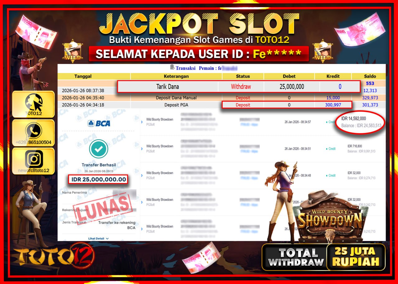 HANYA DI TOTO12 JP PASTI DI BAYAR LUNAS DAN CEPAT!!!!!! JACKPOT SLOT GAME (WILD BOUNTY SHOWDOWN) Rp.25.000.000 !!!!