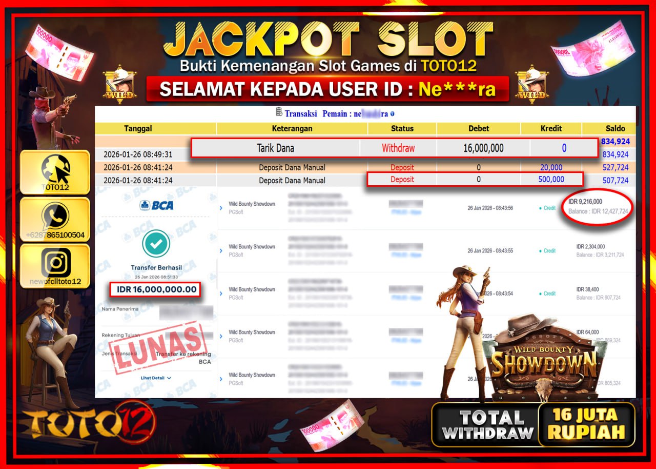 HANYA DI TOTO12 JP PASTI DI BAYAR LUNAS DAN CEPAT!!!!!! JACKPOT SLOT GAME (WILD BOUNTY SHOWDOWN) Rp.16.000.000 !!!!