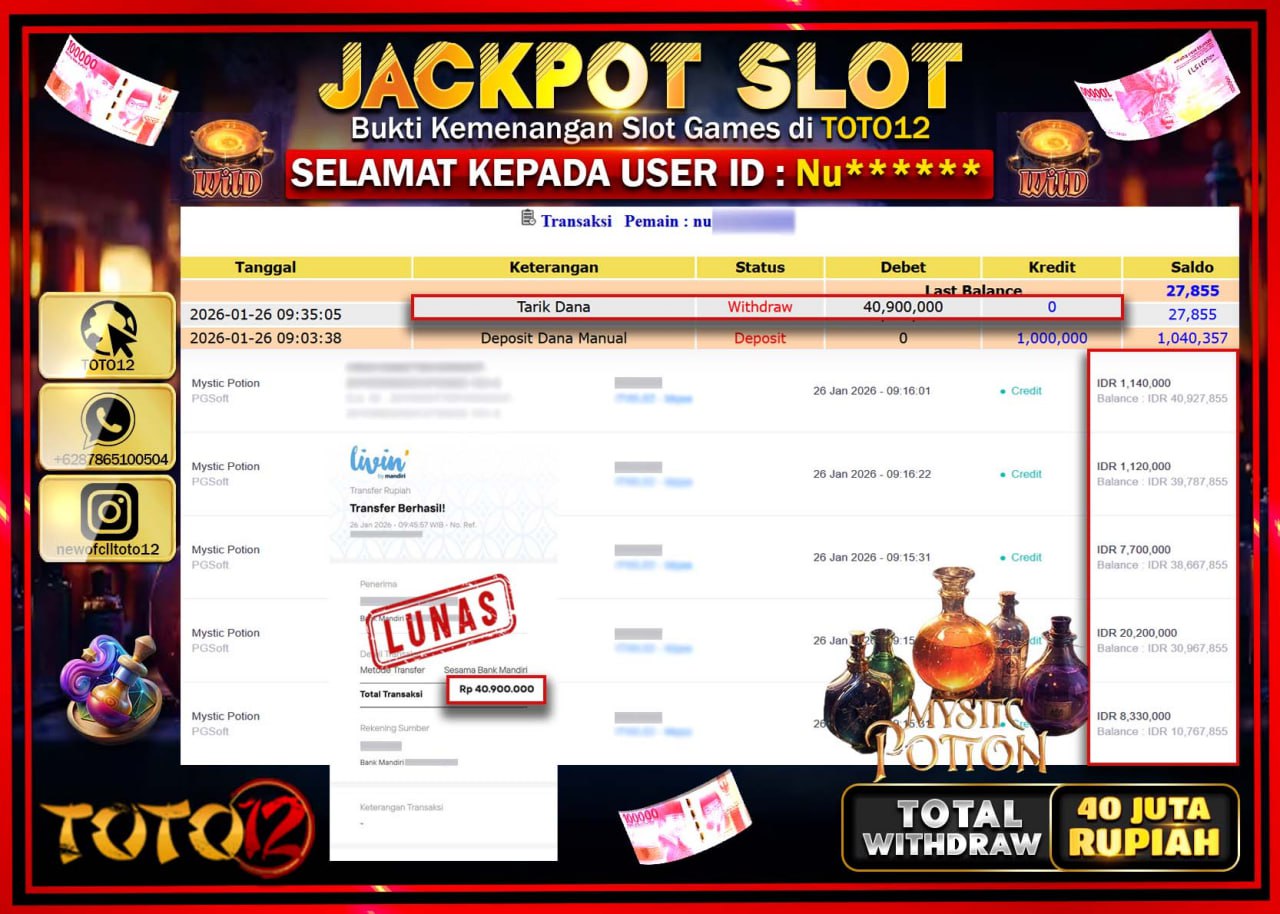 HANYA DI TOTO12 JP PASTI DI BAYAR LUNAS DAN CEPAT!!!!!! JACKPOT SLOT GAME (MYSTIC POTION) Rp.40.900.000 !!!!
