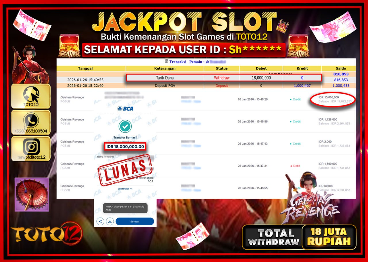 HANYA DI TOTO12 JP PASTI DI BAYAR LUNAS DAN CEPAT!!!!!! JACKPOT SLOT GAME (GEISHAS REVENGE) Rp.18.000.000 !!!!