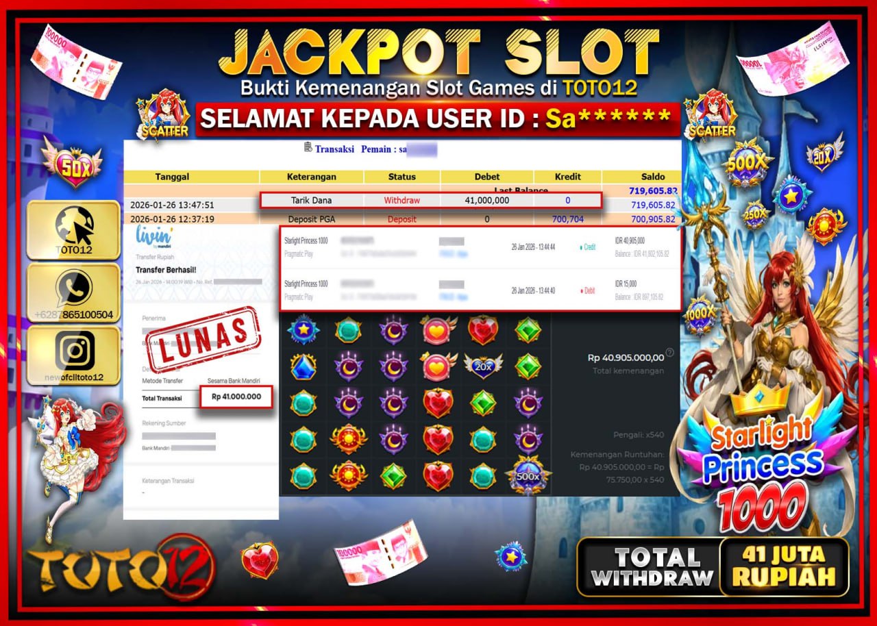HANYA DI TOTO12 JP PASTI DI BAYAR LUNAS DAN CEPAT!!!!!! JACKPOT SLOT GAME (STARLIGHT PRINCESS 1000) Rp.41.000.000 !!!!