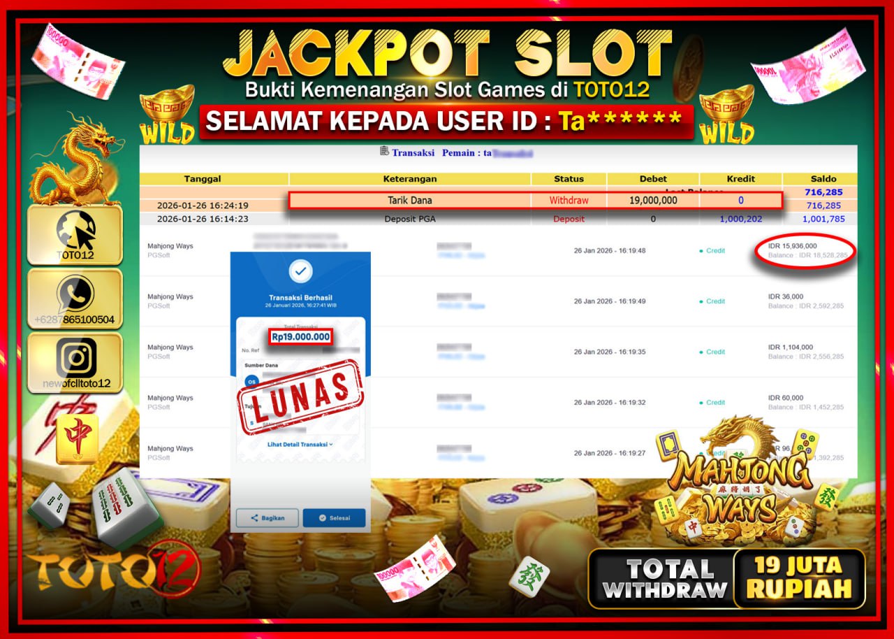 HANYA DI TOTO12 JP PASTI DI BAYAR LUNAS DAN CEPAT!!!!!! JACKPOT SLOT GAME (MAHJONG WAYS) Rp.19.000.000 !!!!