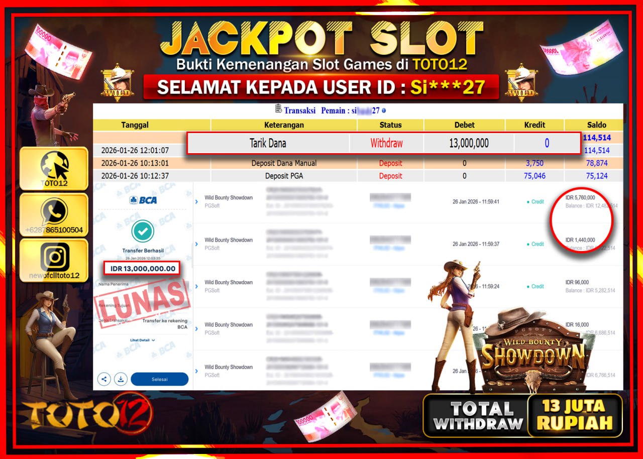 HANYA DI TOTO12 JP PASTI DI BAYAR LUNAS DAN CEPAT!!!!!! JACKPOT SLOT GAME (WILD BOUNTY SHOWDOWN) Rp.13.000.000 !!!!