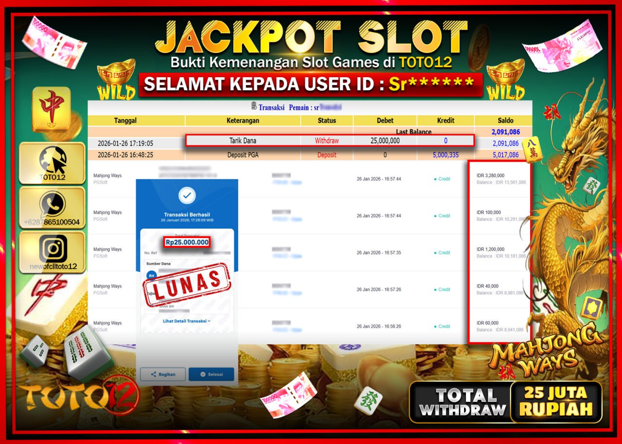 HANYA DI TOTO12 JP PASTI DI BAYAR LUNAS DAN CEPAT!!!!!! JACKPOT SLOT GAME (MAHJONG WAYS) Rp.25.000.000 !!!!