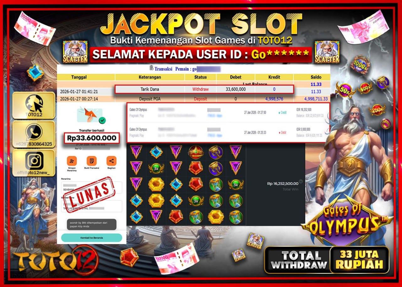 HANYA DI TOTO12 JP PASTI DI BAYAR LUNAS DAN CEPAT!!!!!! JACKPOT SLOT GAME (GATES OF OLYMPUS) Rp.33.000.000 !!!!