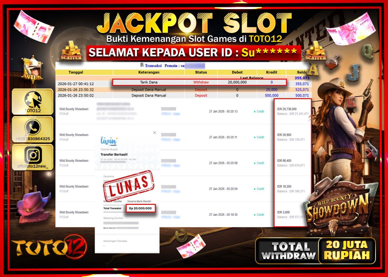 HANYA DI TOTO12 JP PASTI DI BAYAR LUNAS DAN CEPAT!!!!!! JACKPOT SLOT GAME (WILD BOUNTY SHOWDOWN) Rp.20.000.000 !!!!